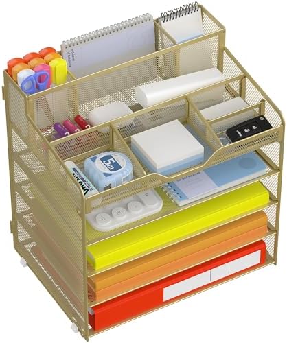 Docnest 5 Tier Mesh Desk Organizer with Letter Tray & Paper Sorter, Gold