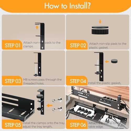 No Drill Under Desk Cable Management Tray, 17”-30” Retractable Cord Organizer for Table, Clamp Mount Wire Basket, Power Strip Holder & Metal Cord Organizer for Office, Home，Black