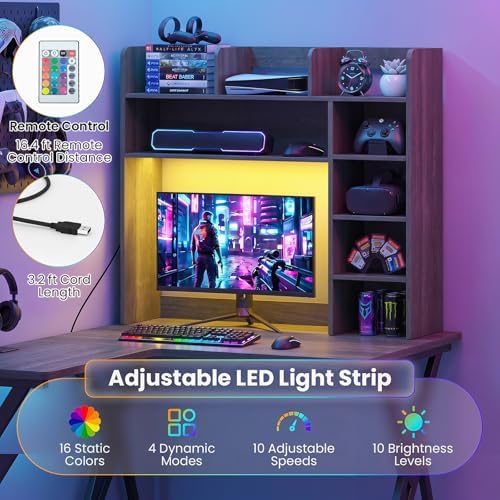 Tangkula Desktop Bookshelf with LED Lights, Desk Hutch with 8 Shelves for Max 25" Monitor, Desktop 5-Tier Display Rack, Multipurpose Wood Desktop Storage Hutch Organizer for Dorm Office Home (Grey)