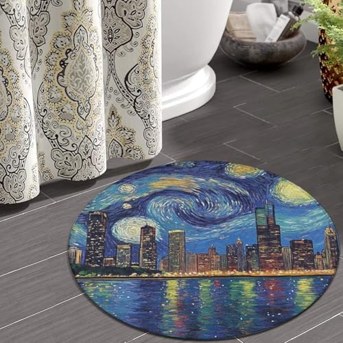 Room Sofa Yoga Soft Round Carpet, Home Decor Non Slip Kitchen Office Circle Rug, Machine Washable Modern Round Area Rug Chicago City Skyline Night View Starry Sky Painting, 60inch