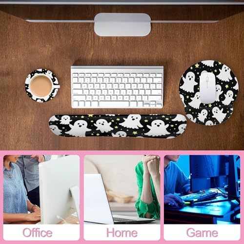 Halloween Ghosts Keyboard Wrist Rest Pad Mouse Pad Set,Ergonomic Mousepad Wrist Support Memory Foam Desk Pad for Gaming Office,Non-Slip Rubber Base Easy Typing for Home Office Computers