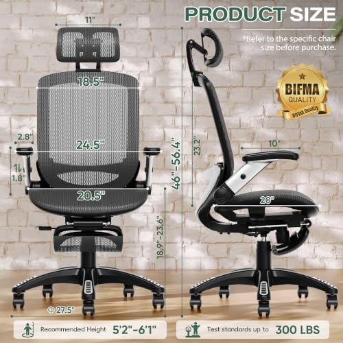 GABRYLLY Ergonomic Office Chair, High Back Home Desk Chair with Footrest,3D Headrest, Flip-Up Arms, 135° Tilt and Wide Cushion, Heavy Duty Mesh Chairs for Task Computer Gaming, Black