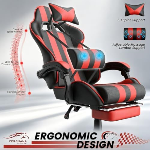 Ferghana Red Gaming Chair, Ergonomic Racing Style Computer Chair with Footrest, Adjustable Reclining, Lumbar and Head Support, PU Leather Gamer Chair