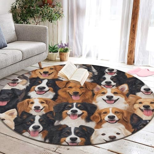 Large Home Decor Mat, Soft Round Yoga Carpet, Non Slip Machine Washable Home Office Circle Rug Cute Dogs Puppy