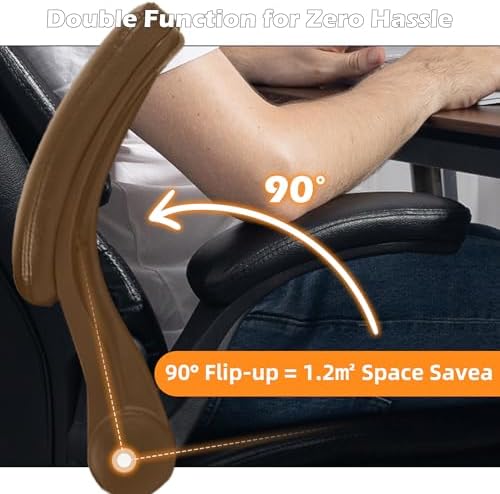 Office Chair - Ergonomic High Back Computer Desk Chair with Rocking Function & Lumbar Support - Executive Comfortable Wide Swivel Rolling Office Leather Chair with Flip-up Armrests for Home Gaming