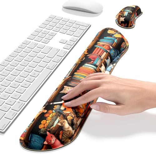 Dapesuom Enlarge Keyboard Wrist Rest, Memory Foam Wrist Cushion for Desk Mats Support, Cute Typing Pain Relief Keyboard Mouse Pad Rests Set with Non-Slip Base for Gaming Laptop Computer, Library Cats