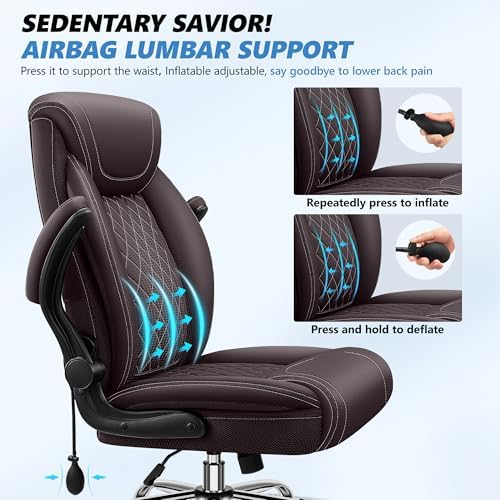 BestGlory Executive Office Chair with Lumbar Support, Big and Tall Ergonomic Computer Desk Chair, Leather Comfy High Back Gaming Chair with Flip Up Arms & Rocking Function for Home Office, Coffee