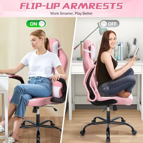 Pink Gaming Chair for Girls & Adults - Ergonomic High Back Office Desk Chair with Adjustable Lumbar Support, Flip-Up Arms & Headrest - PU Leather Swivel Computer Task Chair for Kids & Teens