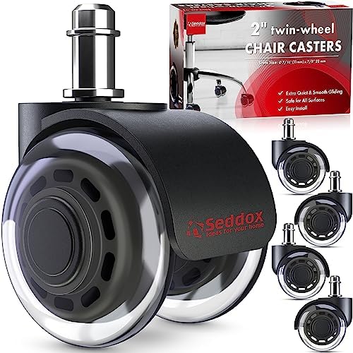 Office Chair Wheels Replacement Set of 5 - Dual 2 Inch Soft Chair Casters for Hardwood Vinyl Tile - Heavy Duty & Safe for All Floors - Fits 98% of Computer Gaming & Office Chairs - Black