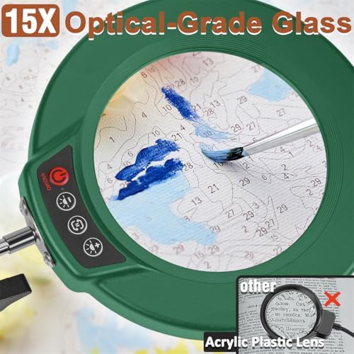LANCOSC 15X Magnifying Glass with Light and Stand, 3-in-1 Adjustable Swing Floor Lamp, 5 Color Modes Stepless Dimmable, LED Lighted Hands Free Magnifier & Clamp for Reading, Crafts, Painting - Green