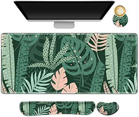 AIMSA Large Gaming Mouse Pad Set, Keyboard Wrist Rest Support Mouse Pad, Ergonomic Memory Foam Multifunctional Extended Desk Mat 35x15.7in Anti-Slip Rubber Base for Office Home, Pink Green Leaves