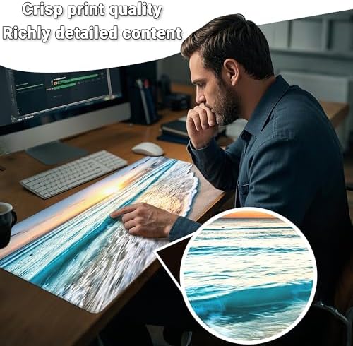 Mouse Pad with Beach View – Sunrise Scenery Desk Pad – Portable Computer Mousepad – Gaming, Office, Waterproof, Non-Slip, Stitched Edges 35.5 x 15.7inches x 3mm