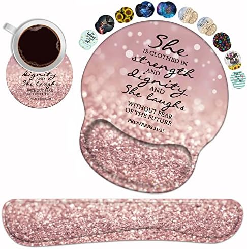 Keyboard Wrist Rest and Mouse Pad Wrist Support Set with Coasters, Bible Verse Proverbs 31:25 Wrist Mouse Pad with Non-Slip PU Base for Home Office Working Studying Easy Typing & Pain Relief