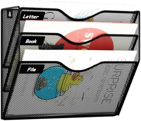3 Pockets Hanging Wall File Organizer Mail Holder, Wall Mounted Paper Document Folder Holder, Clipboard Storage Organization Magazine Rack, Black
