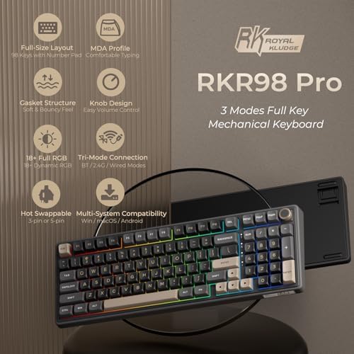 RK ROYAL KLUDGE R98 Pro Wireless Mechanical Keyboard, Creamy Bluetooth/2.4GHz/Wired RGB Gaming Keyboard with Number Pad and Knob, MDA Profile PBT Keycaps, Gasket Hot Swappable Linear Switch, Black