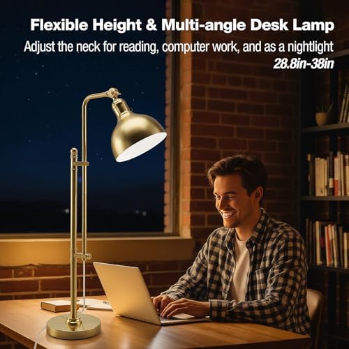 PARTPHONER Industrial Adjustable Desk Lamp for Home Office, Farmhouse Table lamp 29''-38'', Rustic Metal Task Desk Lamp in Brushed Gold Finish, Vintage Reading Lamp for Study Room，Gold