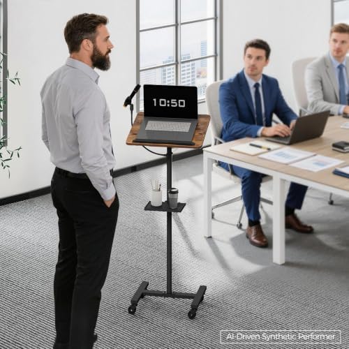 MAHANCRIS Podium Stand with Microphone Stand, Mobile Lectern and Laptop Desk with Storage Tray, 28.9-42.7 Inch Adjustable Height Portable Podium for Classroom, Conference Room, Rustic Brown LPHR4001
