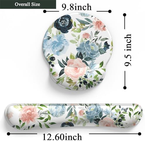 Green Blue Pink Floral Mouse Pad Wrist Support Keyboard Wrist Rest Set, Ergonomic Mouse Pad with Non-Slip Pu Base for Computer Office Comfortable Mouse Wrist Rest Easy Typing & Pain Relief Mouse Pad.