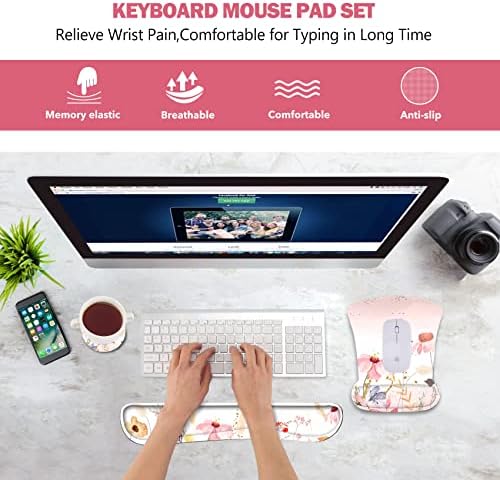 AIMSA Keyboard Wrist Rest and Mouse Pad with Wrist Support Set, Memory Foam Ergonomic Non-Slip Rubber Base, Easy Typing and Pain Relieve for Computer, Laptop,Pink Flowers