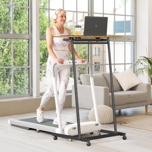 Eocnrhe Treadmill Desk, Mobile Small Standing Desk with Wheels for Walking Pad, Portable Table for Laptop, Rolling Table Adjustable Height, Bedside Table，Brown