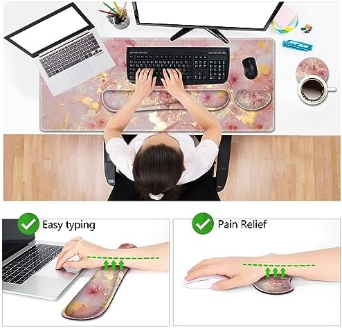 AIMSA Keyboard Mouse Pad Set, Large Gaming Mouse Pad +Wrist Rest Mouse Pad +Keyboard Wrist Support +Coaster, 35x15.7 inch Extended Desk Mat for Easy Typing Pain Relief (Pink Gilt Marble)