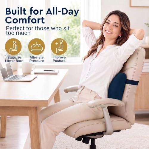 Lumbar Support Pillow for Office Chair, Lower Back Pillow with Strap, Blue