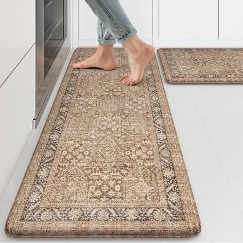 KIMODE Anti Fatigue Kitchen Mat, Boho Distressed Kitchen Rugs Sets of 2
