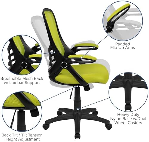 Flash Furniture Porter Mesh High Back Ergonomic Swivel Office Chair with Lumbar Support, Flip-Up Arms, Tilt Lock/Tilt Tension, Height Adjustable, Black/Green Frame