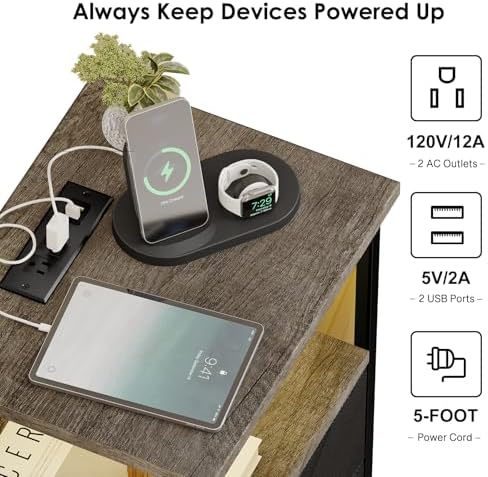 Fixwal Night Stand with Charging Station, Led Nightstand, 2 Fabric Drawers