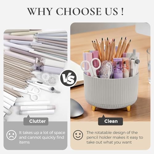 KONVINIT Pencil Pen Holder for Desk, 5 Slots 360-Degree Rotating Desktop Organizer, Cute Desk Organizers and Accessories for School, Home, Office and Art Supply, Grey