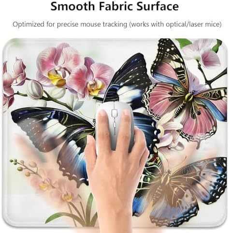 Exotic Blue Butterflies Pink Orchids Floral Mouse Pad, Tropical Desk Mat