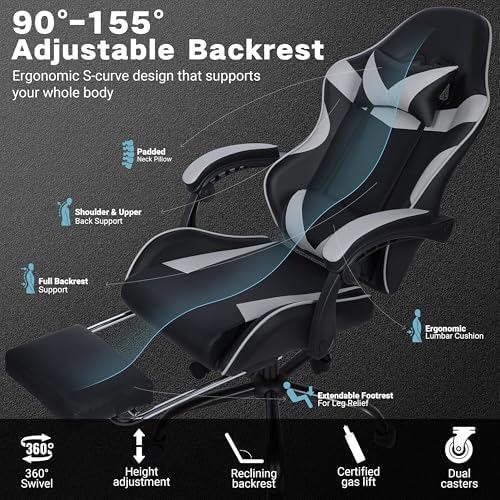 Gaming Chair with Footrest and Lumbar Support, Height Adjustable Chair with 360°Office Desk Chair,Heavy Duty 330lbs Computer Chair for Adults