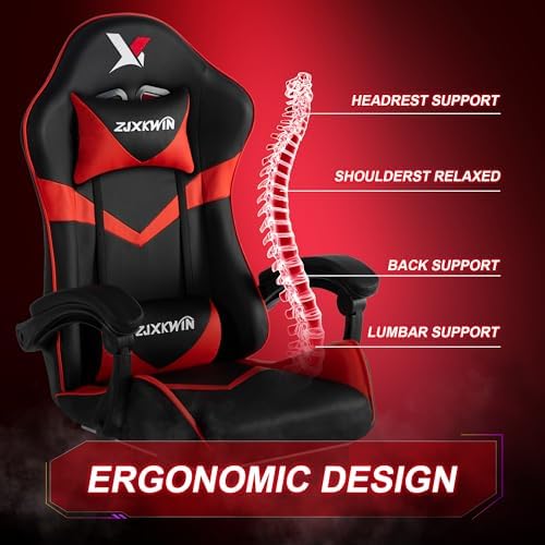 Ergonomic Gaming Chair, High Back PU Leather Office Chair with Footrest, Adjustable Lumbar Support & Headrest, 360° Swivel Computer Chair for Adults, Red & Black