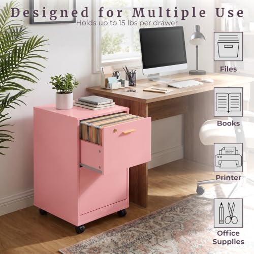 Lavish Home 2-Drawer Wooden File Cabinet with Lock, Pink, 16” x 27”