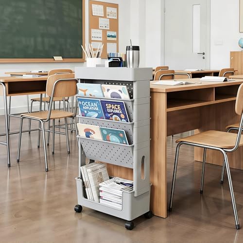 5-Tier Rolling Bookshelf Magazine Rack with Wheels Gray