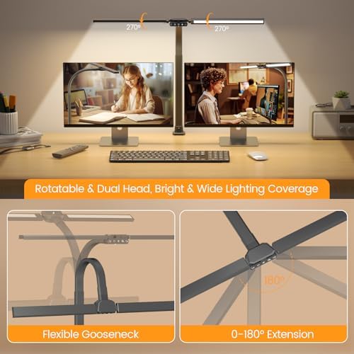 SIBRILLE Upgraded Desk Lamp for Home Office - Dimmable Computer Desk Light with Remote, Modern Architect Task Lamp with Color Changing, Flexible Desktop Lamp with Gooseneck for Monitor, Double Head