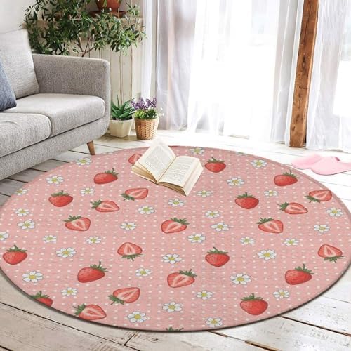 Large Home Decor Mat, Soft Round Yoga Carpet, Non Slip Machine Washable Home Office Circle Rug Floral Flowers Dots Cute Strawberries Pink Art, 36inch