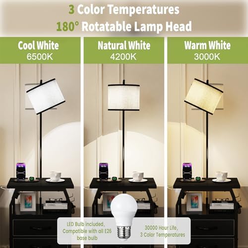 runjuly Floor Lamp with Table Set 2, End Table with Light & Charging, Black