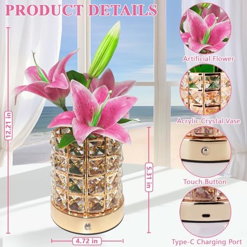 Lily Flower Lamps, Rechargeable Cordless Small Desk Lamp, 3 Colors Dimmable Artificial Flowers Night Light, Fake Bouquet 3 Lilies with Crystal Vase for Home Date Party Decoration (Pink - Lily)