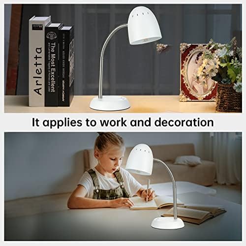 Eye-Caring Table Lamp of Simple Designs Home E26 Led Screw Basic Metal Desk Lamp with Flexible Gooseneck Hose Neck Study Lamp for Bedroom Office Living Room Convenient On/Off Switch(White)