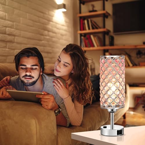Hong-in Pink Crystal Lamp Set of 2, 3 Way Dimmable Touch Lamp for Bedroom with Crystal Shade, Bedside Nightstand Lamps for Living Room Bedroom Home Office