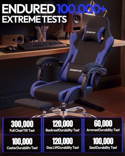 Dowinx Ergonomic Gaming Chair with Footrest & Massage Lumbar, 2D-Linkage Armrests for Computer Chair 330lbs with Headrest Pillow for Office, Home, Streaming and Long Gaming Sessions, Fabric Dark Blue