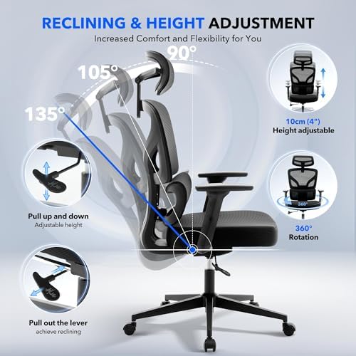 High Back Ergonomic Mesh Office Chair, 300LBS Heavy Duty Home Office Desk Chairs with Adjustable Lumbar Support,3D Armrest,Headrest, Comfortable Gaming Chair, Black