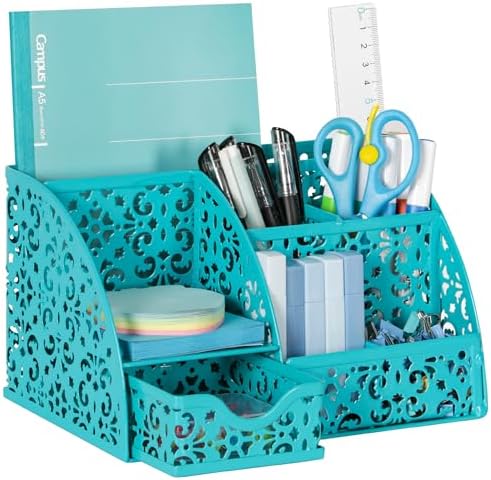 EasyPAG Desk Organizer and Pen Holder for Desk, Mesh Office Supplies Storage Caddy with Drawer for Small Space, Desktop Organizer for Home Office, Dark Teal