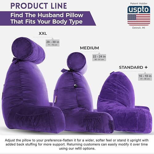 Husband Pillow XXL The Original for Adults - 30" Tall Backrest for Sitting Up in Bed - Firm Support Reading & Bed Rest Pillows for Adults, Neck Roll, Removable Cover - TV - Purple