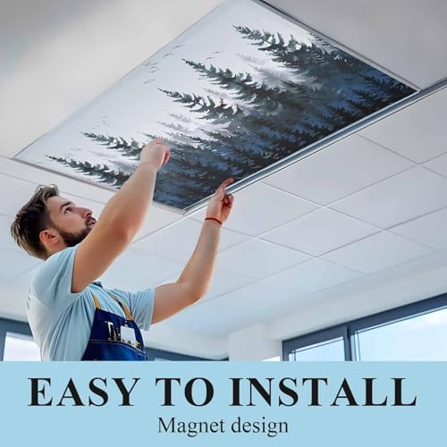 Forest Blue Trees Magnetic Fluorescent Light Covers for Ceiling Lights 2 x 4 Feet, Watercolor Nature Bird Office Classroom Kitchen Drop Ceiling Light Covers Lighting Filters Shade Panel 2 Packs