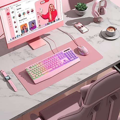 yesbeaut Pink Wired Keyboard, LED Backlit, 104 Keys Silent Light Up Gaming