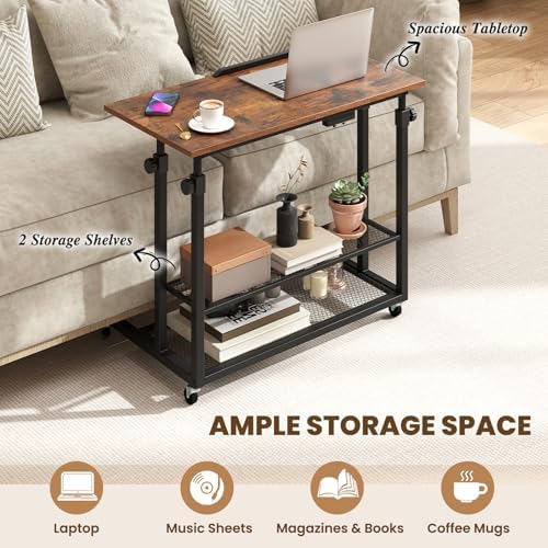 Giantex Mobile Standing Desk, Adjustable Rolling Computer Desk w/Tilting Desktop & Storage Shelves, PC Laptop Table, Small Compact Desk on Wheels for Small Space, Living Room & Bedroom (Rustic Brown)