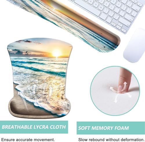 Keyboard Wrist Rest Pad Mouse Pad with Wrist Support Set of 3, Gaming Mousepad with Non-Slip Rubber Base, Ergonomic Memory Foam Mouse Cushion Support for Home Office Laptop Computer, Beach