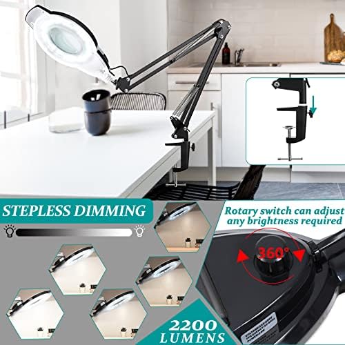 10X & 2200 Lumens Magnifying Glass with Light and Clamp, Black